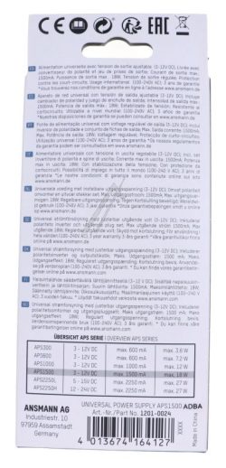 APS 1500 1201-0024 STECKERNETZTEIL UNIVERSAL 3-12V DC,  INKL. 7 VERSCH. STECKERTYPEN