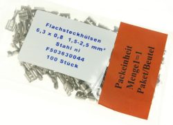 F503630044 FLACHSTECKHÜLSE 6,3MM X 0,8MM 100 STÜCK FÜR 1,5 - 2,5MM² STAHL-VERNICKELT