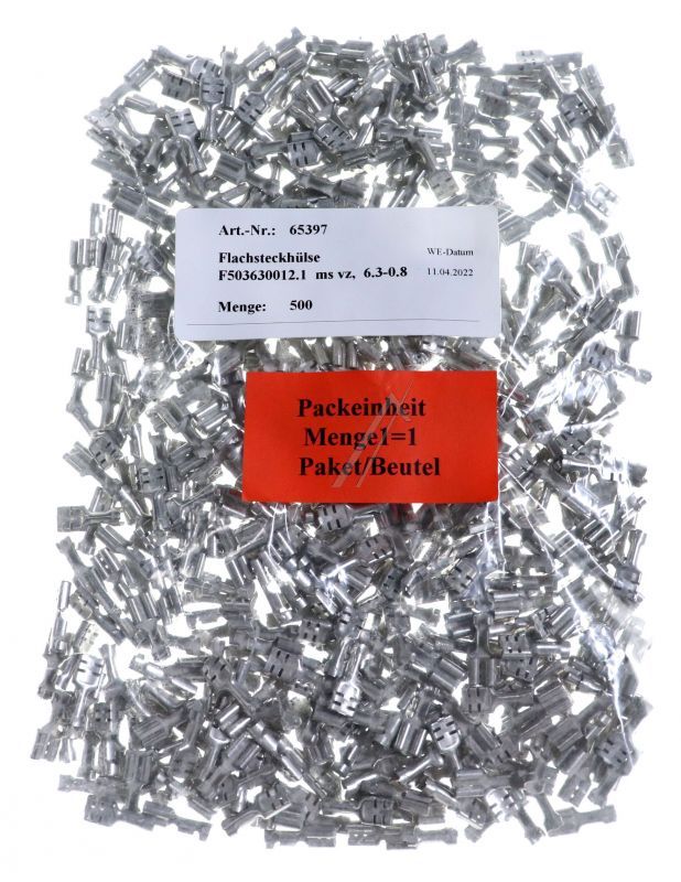 F503630012.1 FLACHSTECKHÜLSE 6,3MM X 0,8MM VE 500 STÜCK FÜR 1,5 - 2,5MM² MESSING-VERZINKT TYP LEAR
