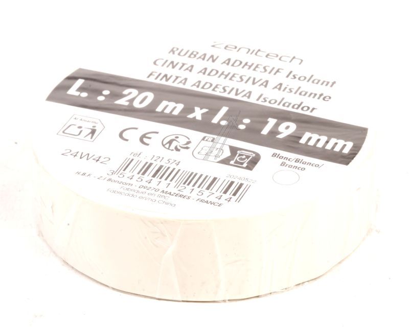 121574 ROULEAU ADHESIF CHATTERTON 19 MM X 20 MÈTRES BLANC