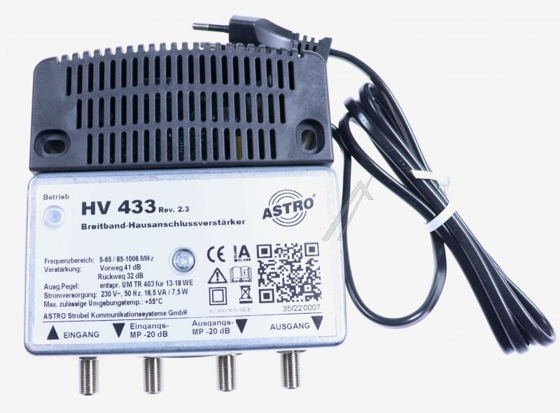 HV 433 00217423 BREITBANDVERSTÄRKER MIT 65MHZ RÜCKWEG, VORWEG BIS 1006MHZ, VERSTÄRKUNG VORWEG 41DB, AUSGANGSPEGEL VORWEG 108DBV