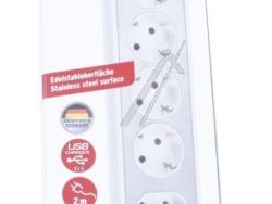 ESTILO 1153590620 ECKSTECKDOSENLEISTE MIT USB-LADEFUNKTION 6FACH 4X SCHUTZKONTAKT & 2X EURO SILBER/ WEISS