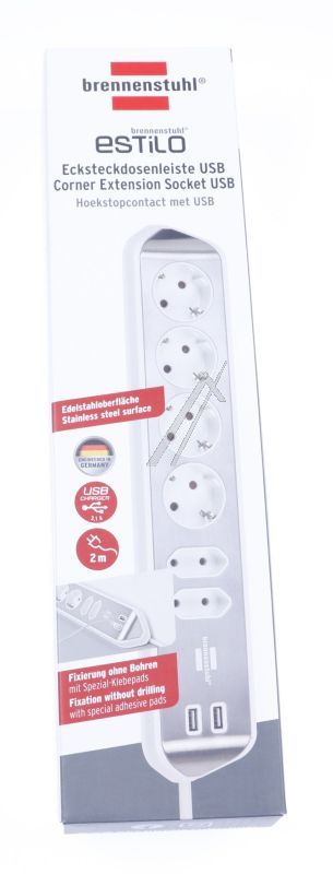 ESTILO 1153590620 ECKSTECKDOSENLEISTE MIT USB-LADEFUNKTION 6FACH 4X SCHUTZKONTAKT & 2X EURO SILBER/ WEISS