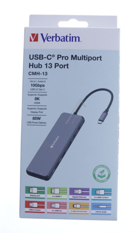 32153 USB-C-HUB 13-IN-1: 2×A2.0, 3×A3.2 G1, 1×A3.2 G2, 2×C, 2×HDMI, DP, AUX, LAN (RJ45)